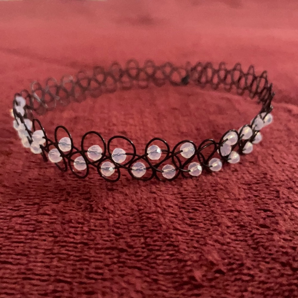 Black Tattoo Choker with Plastic Bead Detailing in front